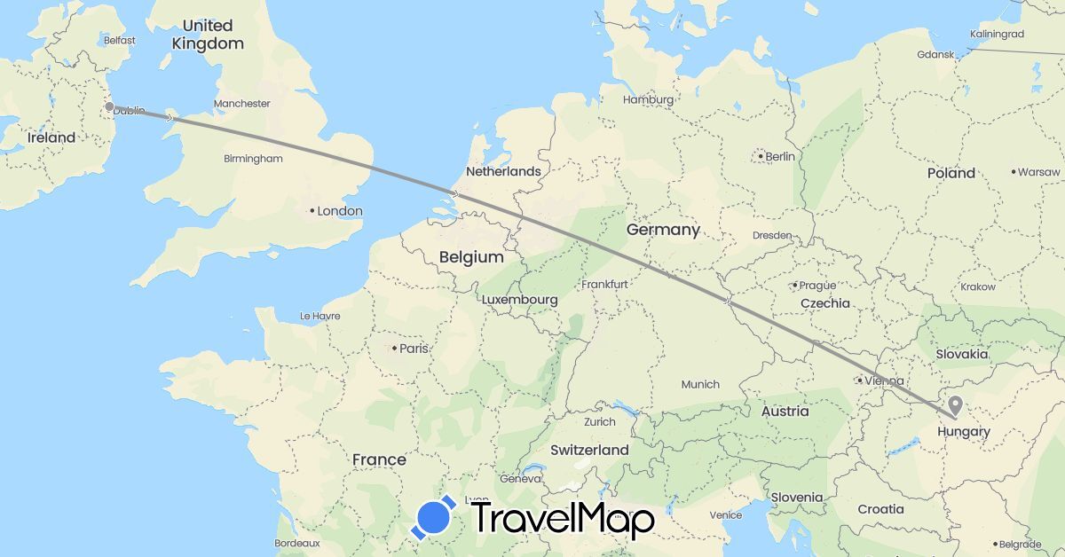 TravelMap itinerary: driving, plane in Hungary, Ireland (Europe)